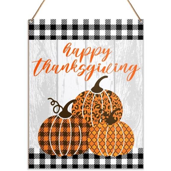 Happy Thanksgiving Decor Sign, Thankful Decorations Buffalo Plaid Fall Hanging - Picture 1 of 6